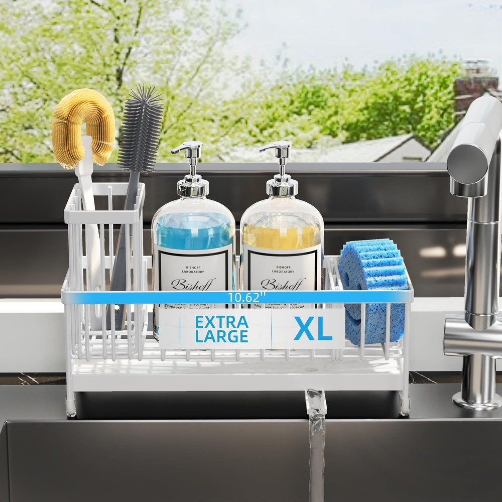 Kitchen Sink Caddy Extra Large Rustproof Sponge Brush Holder Stainless White
