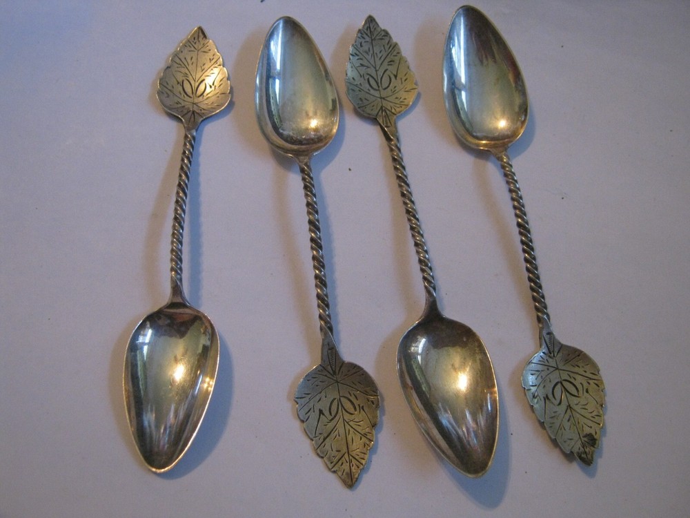 FOUR Dutch 833 Silver Twisted Stem Leaf Handle 4 1/4" Spoons, Sword & *AP* Marks