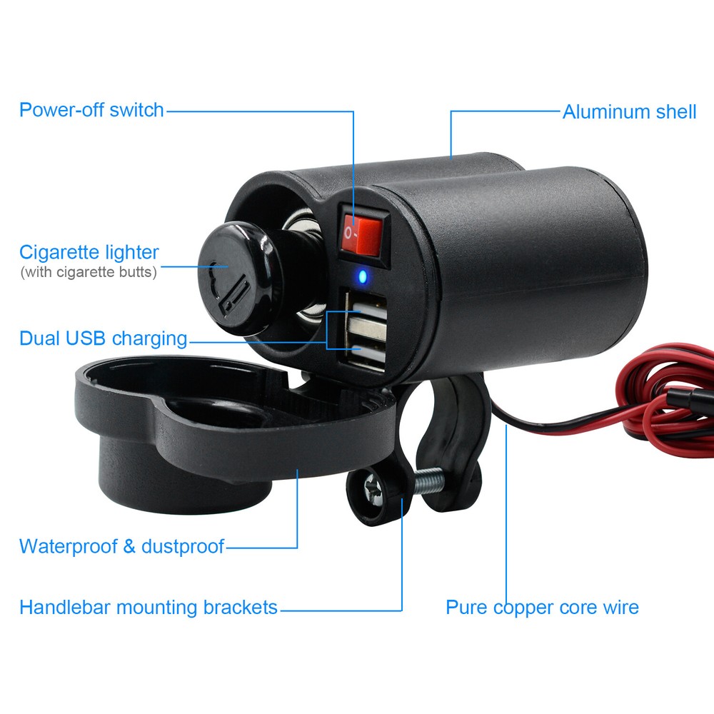 Motorcycle Cigarette Lighter Socket USB Quick Charger Voltmeter Digital Clock