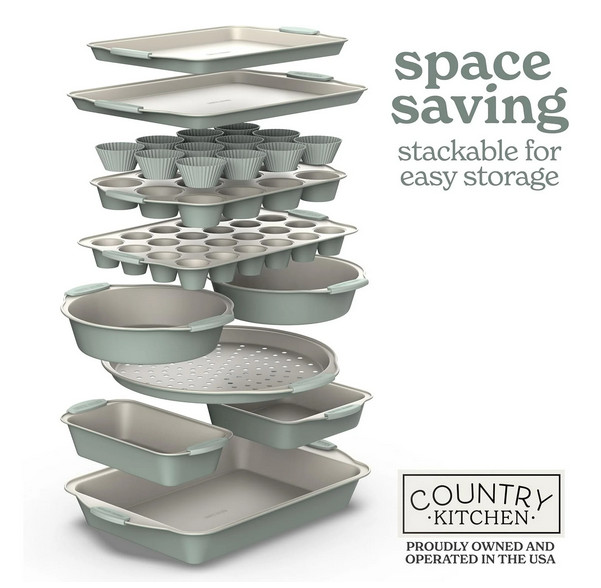 Country Kitchen 22 piece Nonstick Bakeware Set Sage & Cream Heavy Duty Stackable