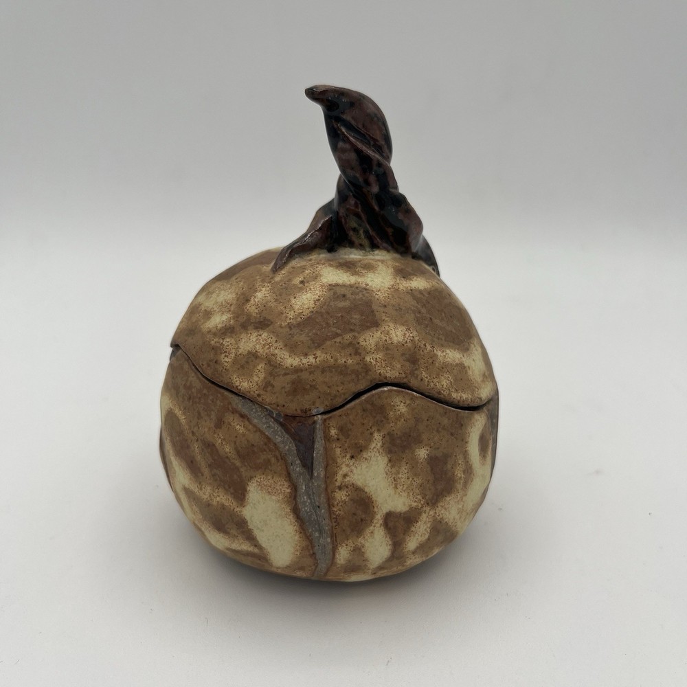 Stoneware Art Pottery Pumpkin Squash Lidded Dish Signed Sue Beige Brown 4” EUC