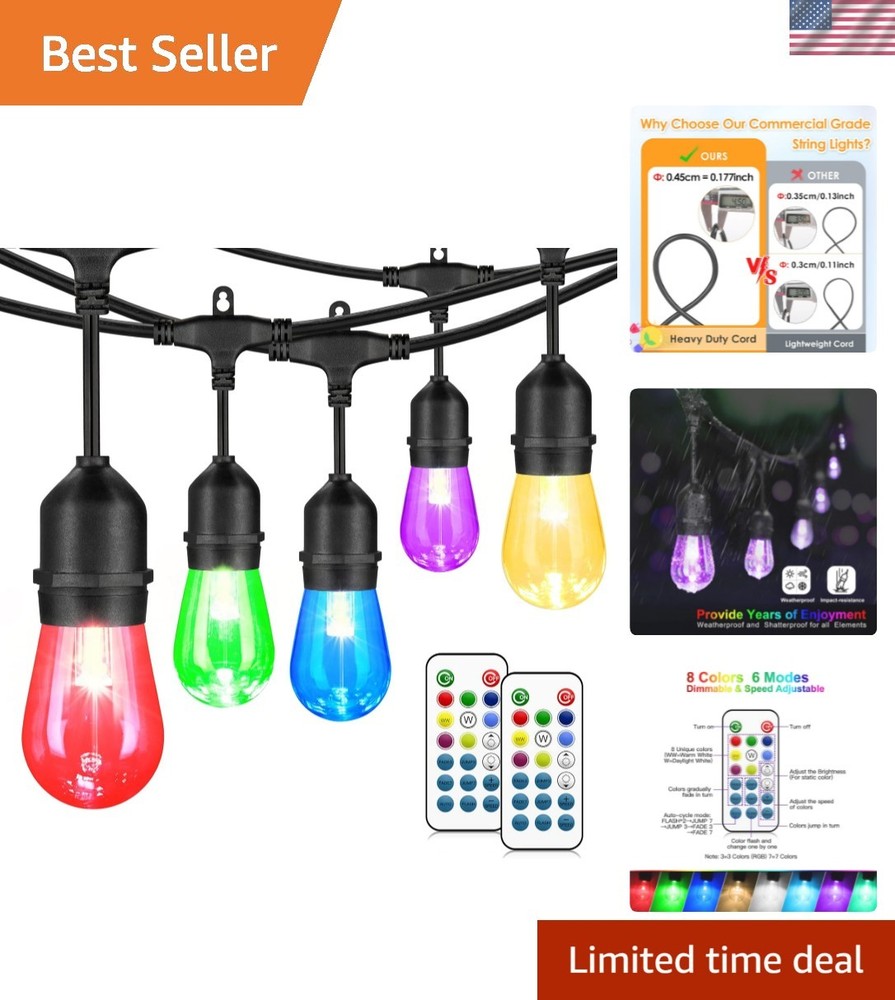 Waterproof RGB 48FT Outdoor String Lights with Dimmable Remote Functionality