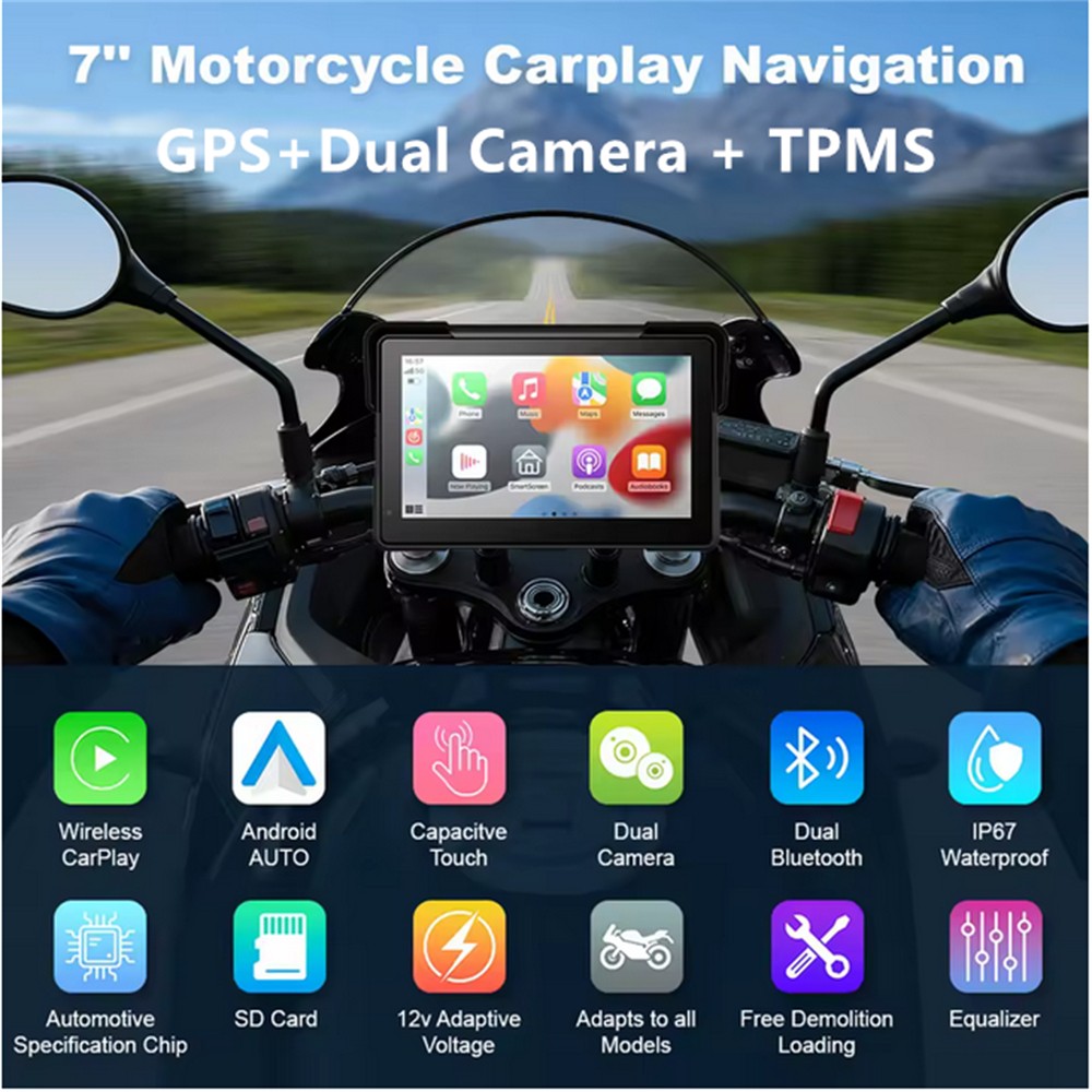 7 " Motorcycle Wireless Carplay Android Auto Screen Dual Bluetooth GPS Nav TPMS