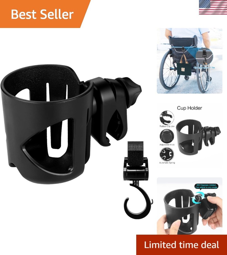 Universal Stroller Cup Holder with Hook - 360° Rotatable & Adjustable Clip
