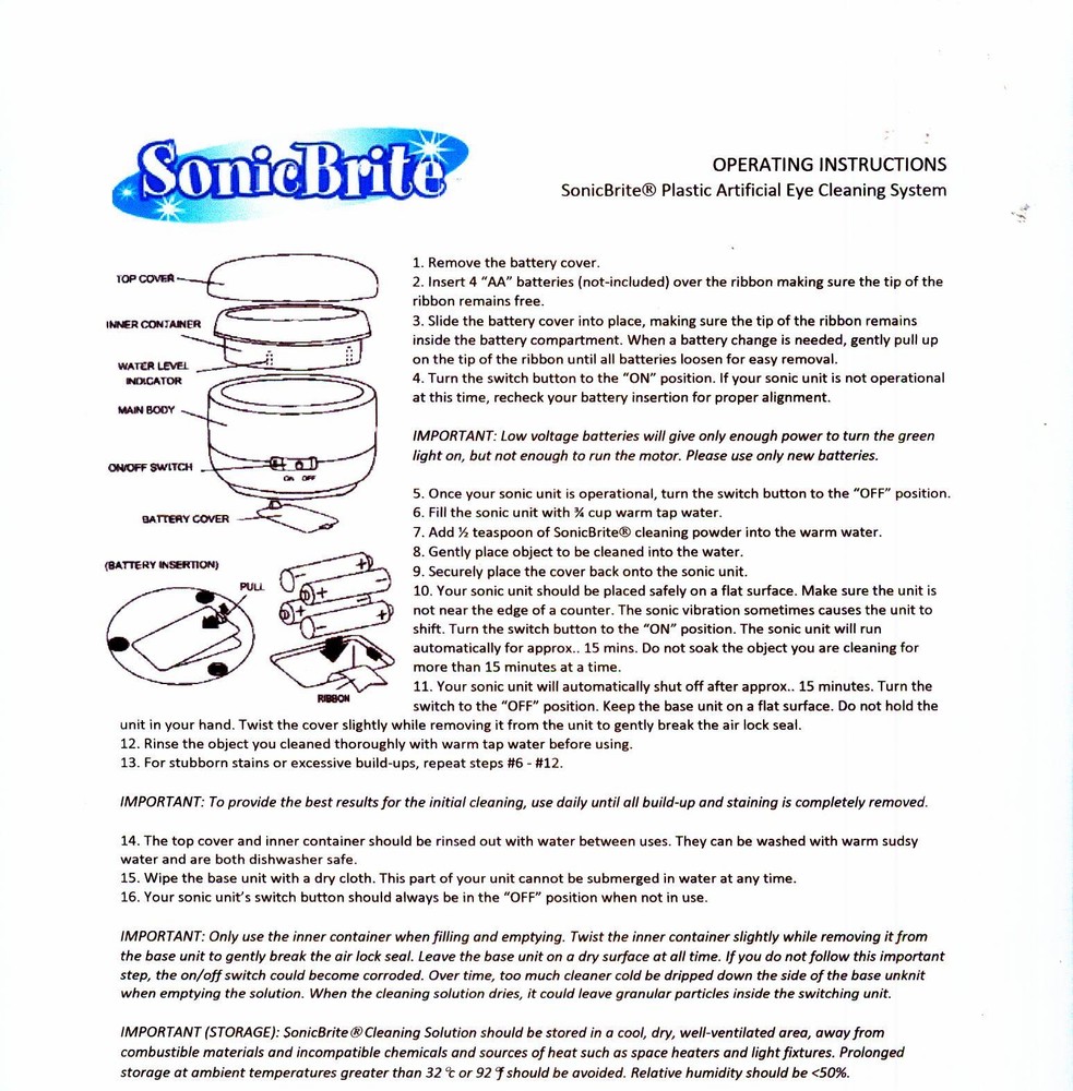 SonicBrite Professional Strength Plastic Artificial Eye Cleaning System