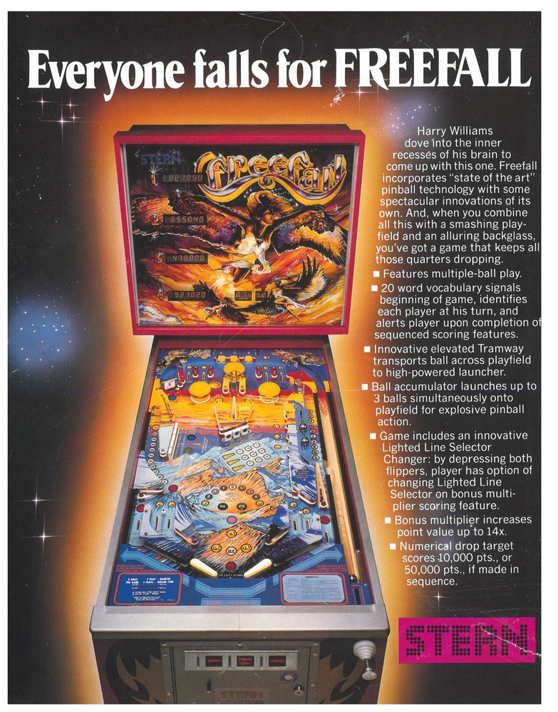 Free Fall Stern Pinball Flyer/ Brochure / Ad /