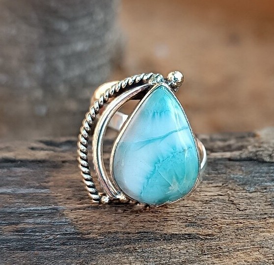 Solid 925 Sterling Silver Natural Larimar Pear Gemstone Twisted Rope Band Ring