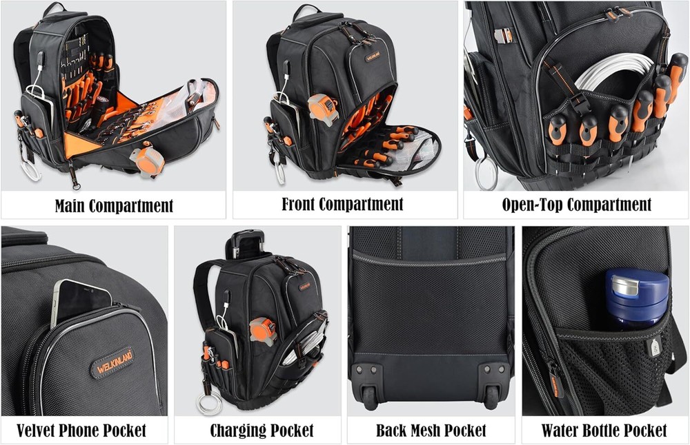 72Pockets Rolling Tool backpack, Large tool bag with wheels, Rolling Electrician