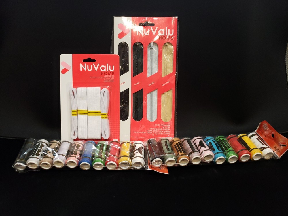 4 NuValu Sewing Items - Elastic, Zippers and Thread