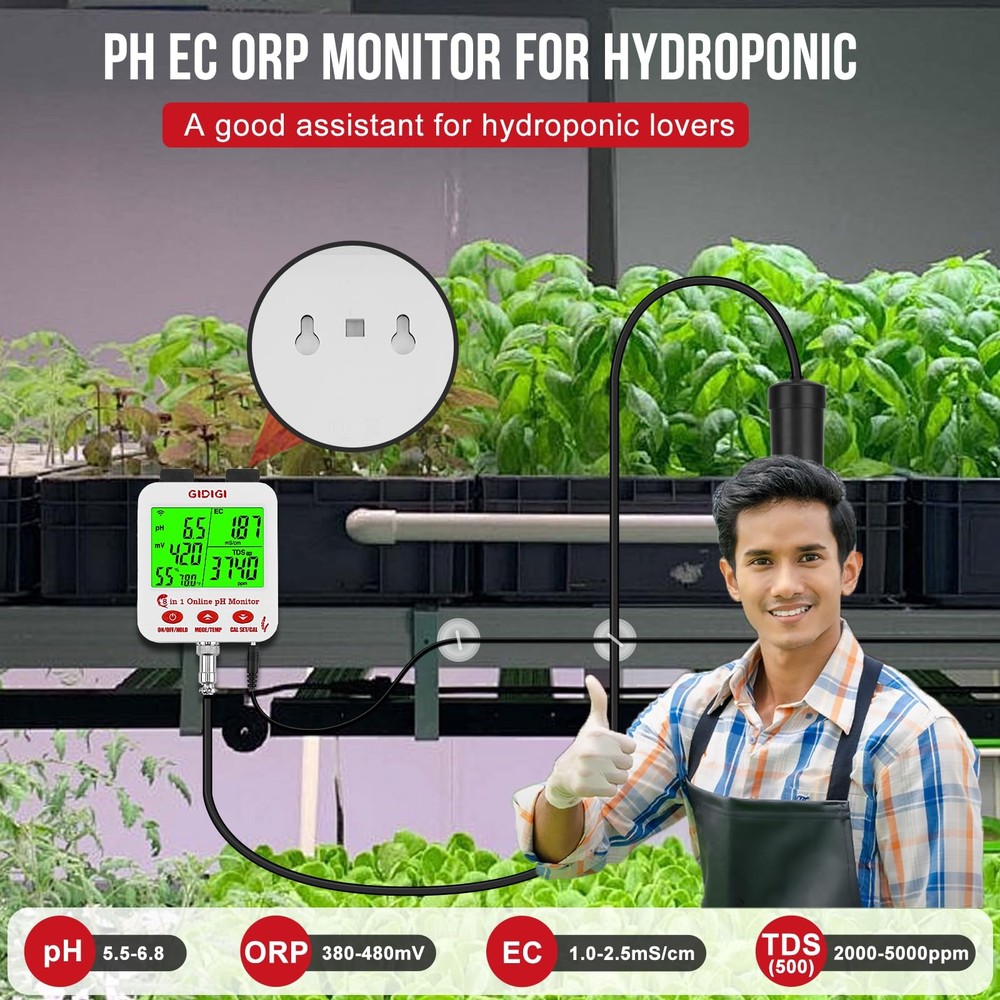 Digital pH EC Meter Smart Hydroponics pH Meter with WiFi for Real Time Large ...
