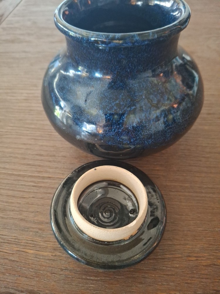 Studio Art Lidded Jar Dark Blue Glaze Pretty Shape Substantial Use Or Admire It!
