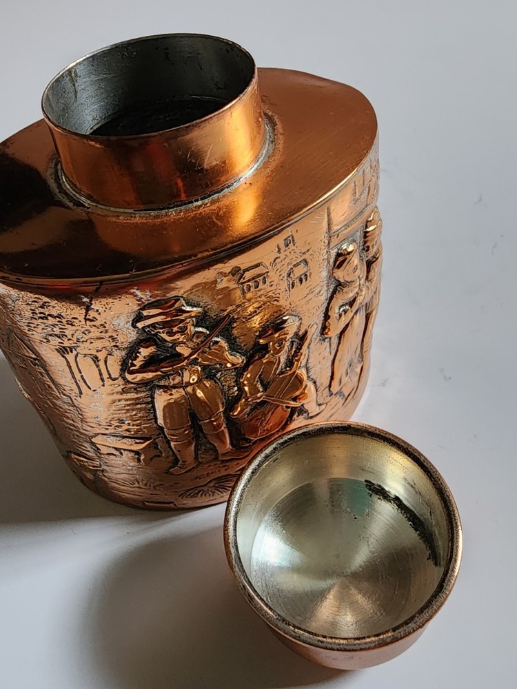 Antique Bright COPPER Tea Caddy Repousse People In Streets Hallmarks On Bottom