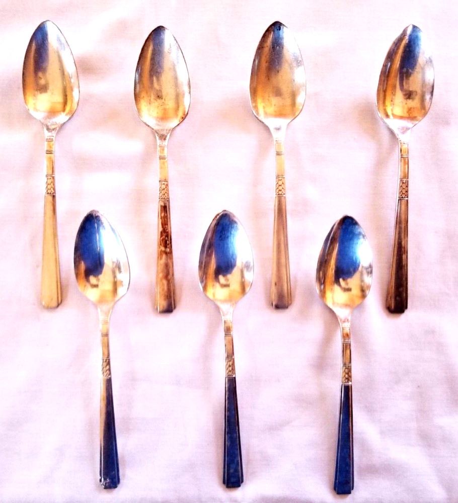 1935 Capri Pattern 7 Tea Spoons Set Silver Plate Flatware 1881 Rogers Teaspoons