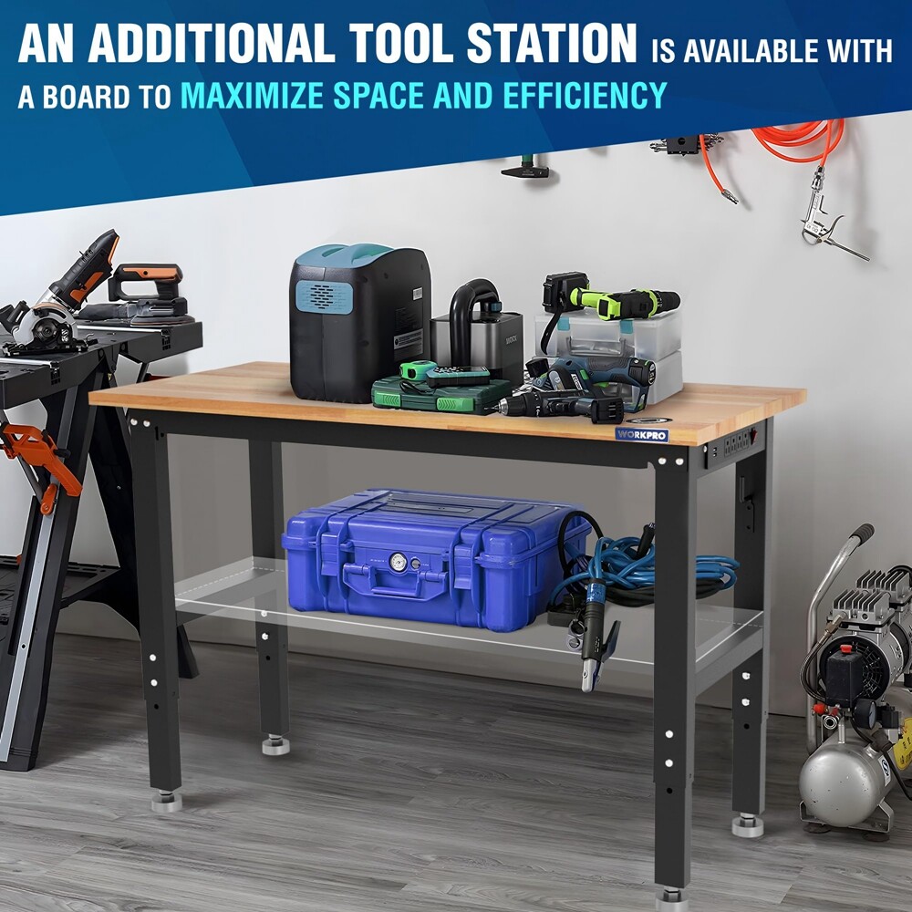 WORKPRO 48" Adjustable Workbench, Rubber Wood Top Heavy-Duty Workstation