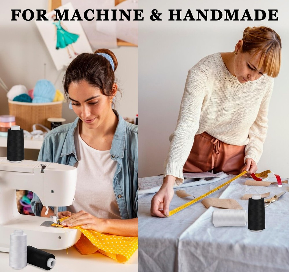 Serger Thread 4 Cones 3000 Yards Polyester Spool 40S/2 Black White Sewing