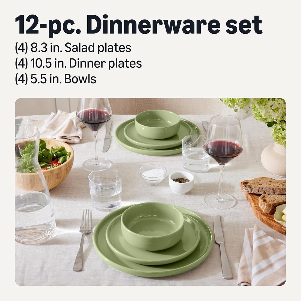 Glazed Stoneware Dinnerware 12 Piece Set 4 Full Place Settings Olive