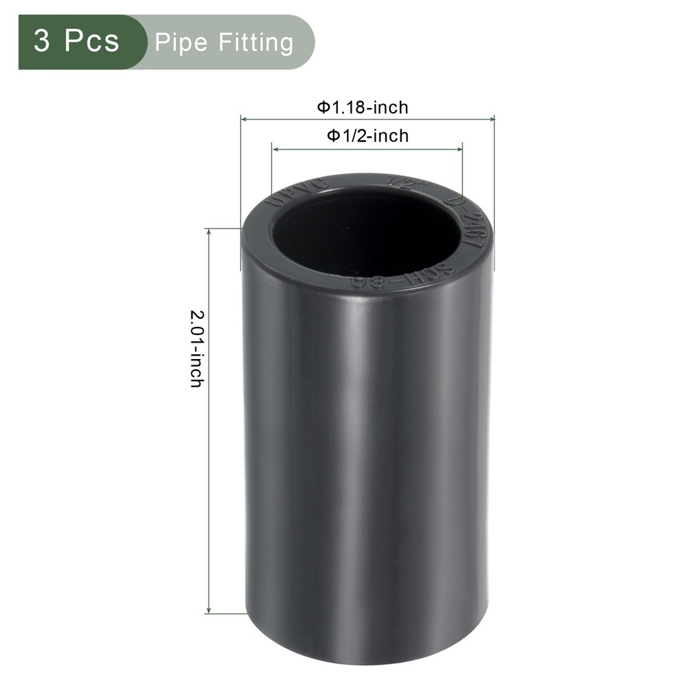 3 Pcs UPVC Fitting, Straight Adapter Connector Socket Schedule 80(Gray, 1/2")