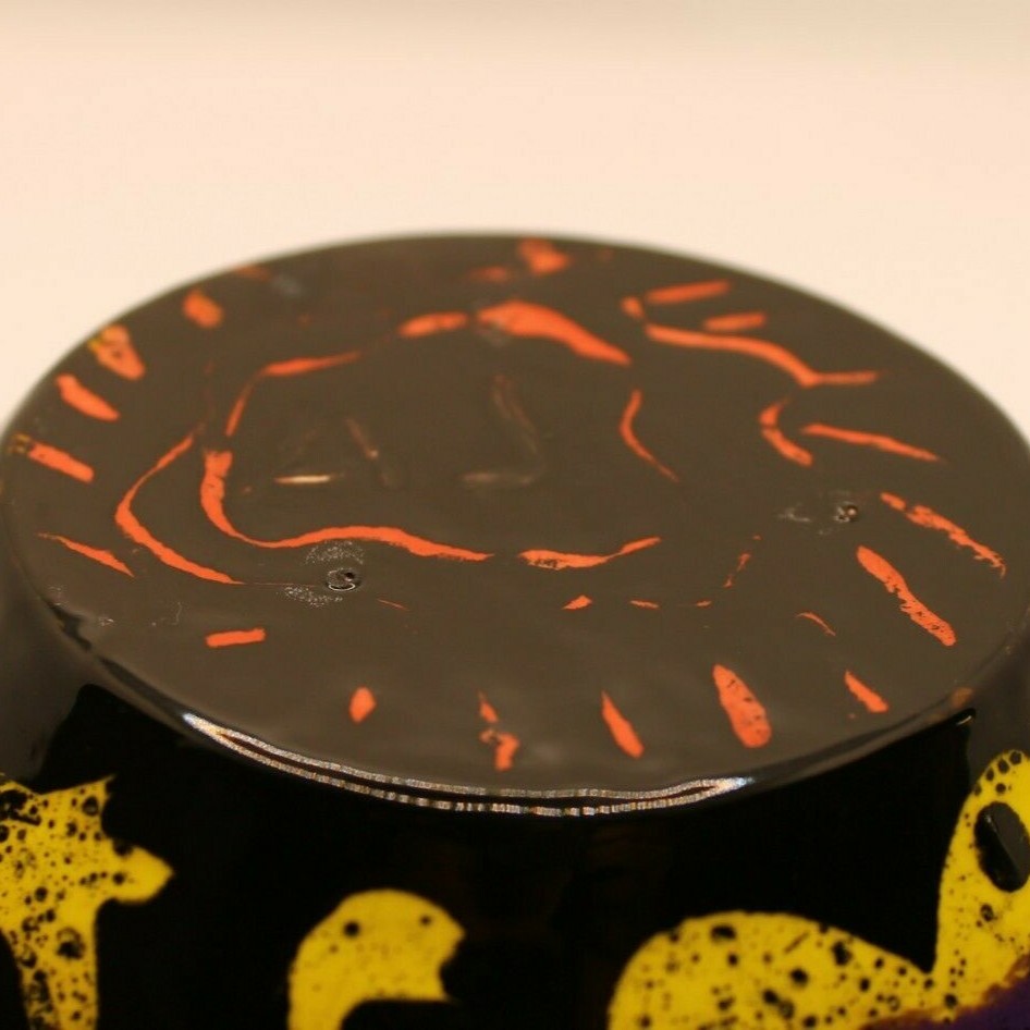 Studio Art Pottery Scratch Art Theme Black & Rainbow Scalloped Bowl Signed 5.5"