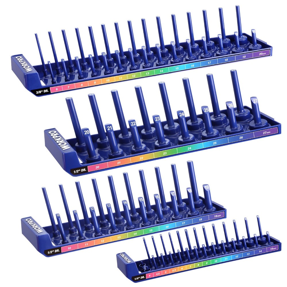 WORKPRO 4PC/8PC Socket Organizer Set Socket Holder Tray 1/4" 3/8" 1/2 SAE/Metric