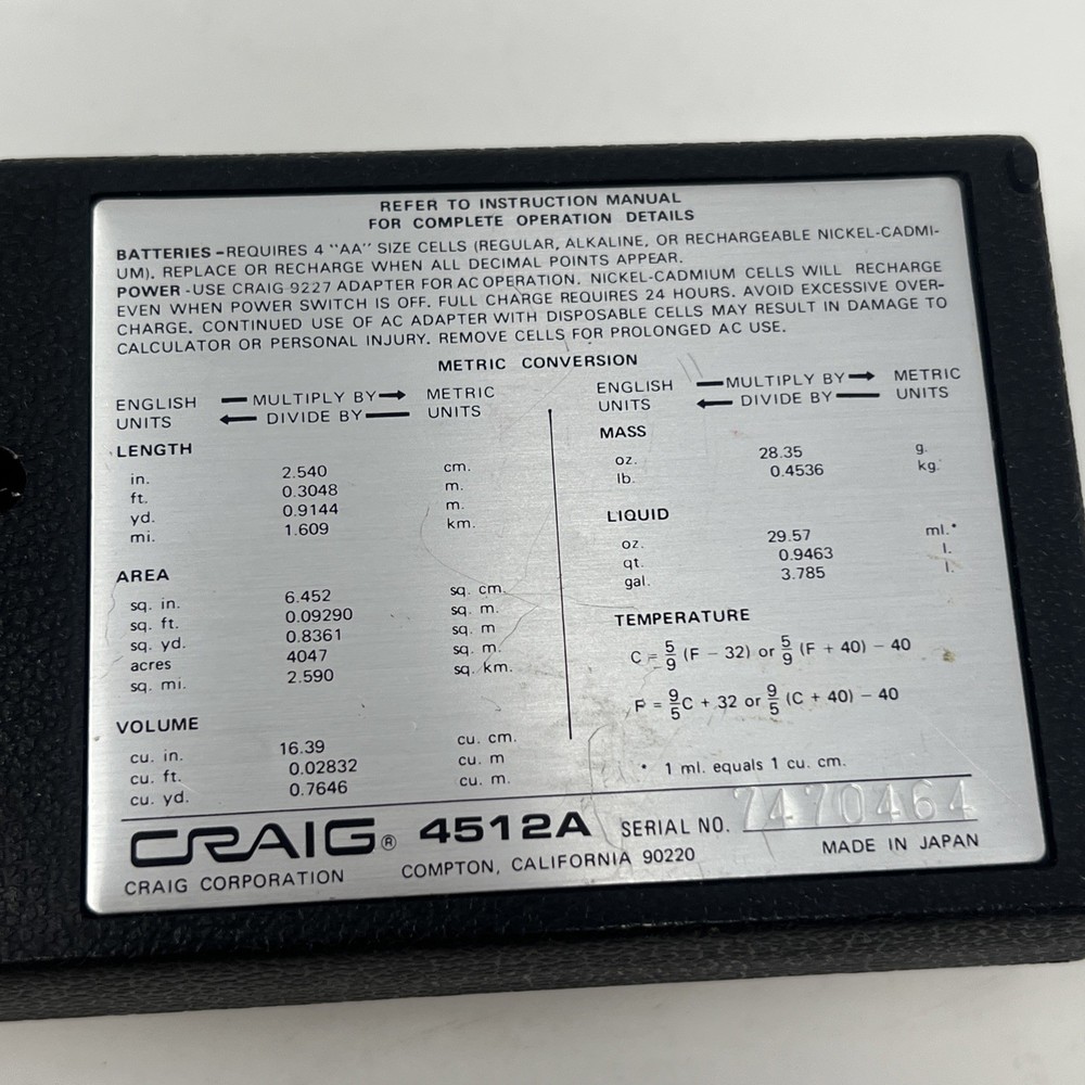 Rare Craig Engineering Calculator 4512 - Tested & Working