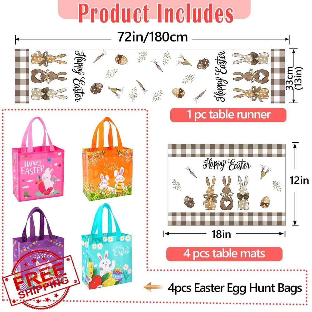 Easter Table Runner Set, 4 Mats, 4 Bags, Bunny Carrots