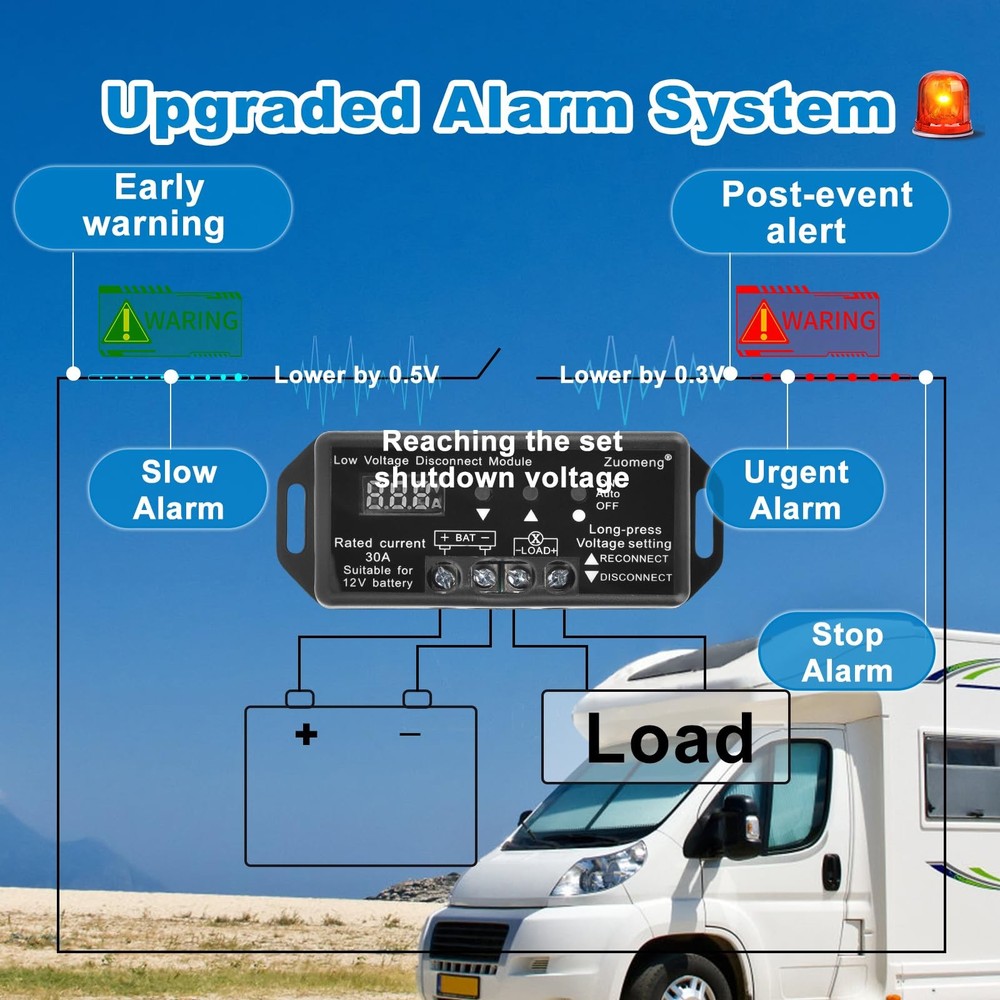12V 30A Low Voltage Disconnect Module with Multi-Information Display and 0.1V...