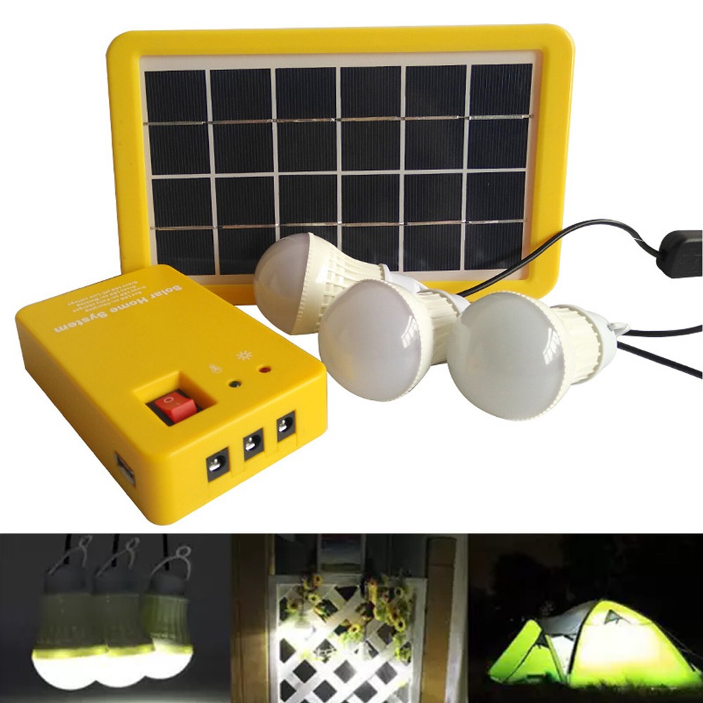 5V Solar Power Panel Generator Kit USB Charger Home System 3×LED Bulbs LightOl