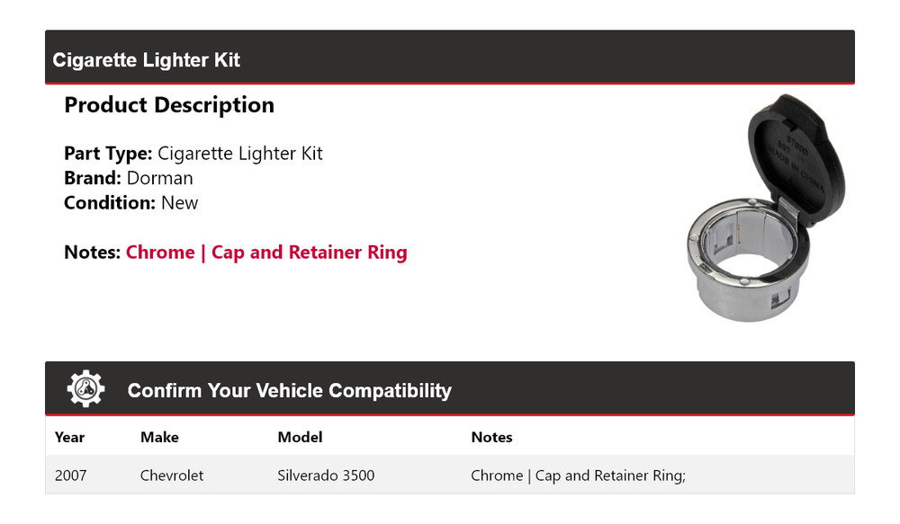 For 2007 Chevrolet Silverado 3500 Dorman Cigarette Lighter Kit