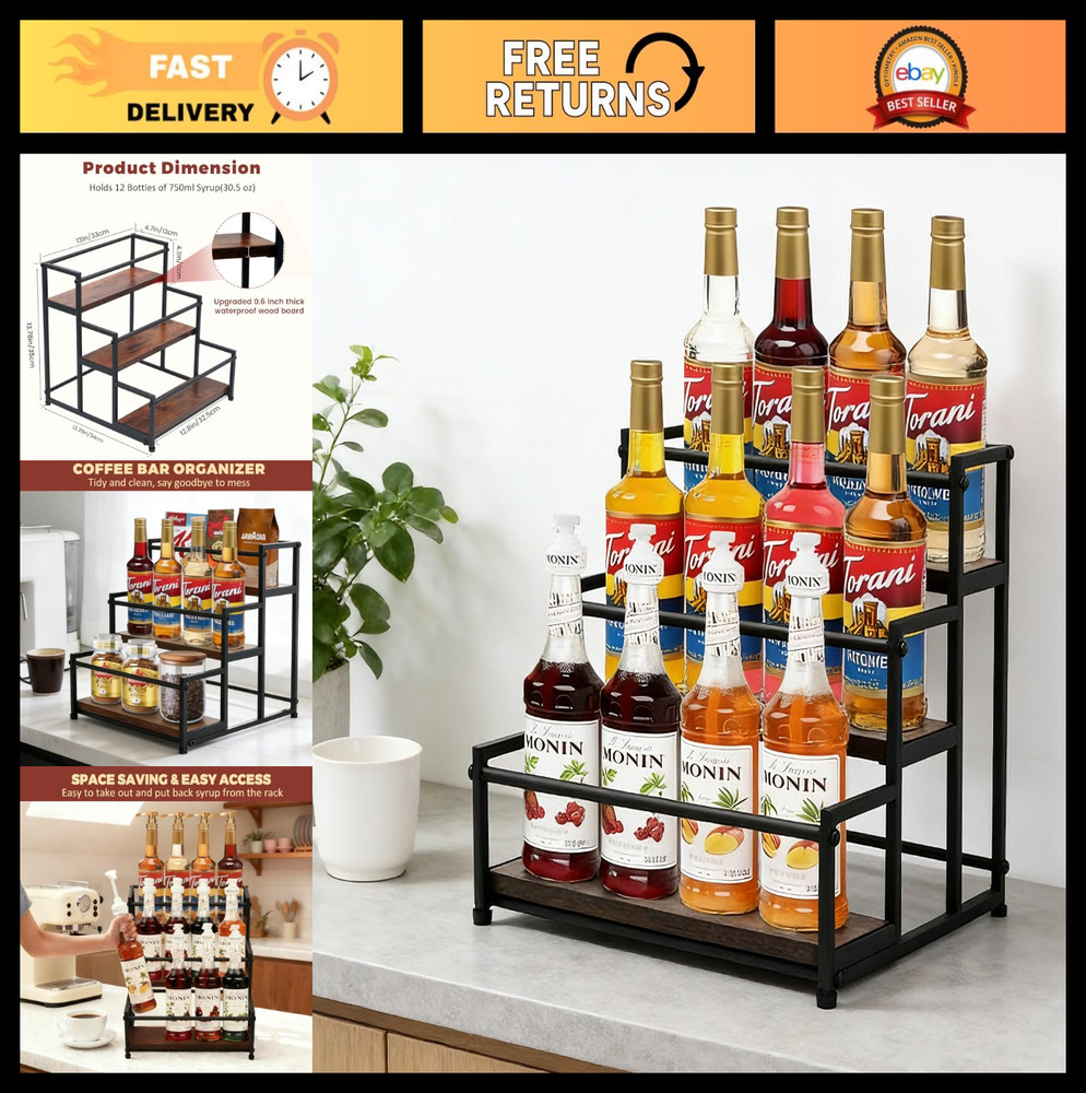 Rustic 3-Tier Metal Bottle Holder - Coffee Syrup Rack Organizer for Kitchen, Pan