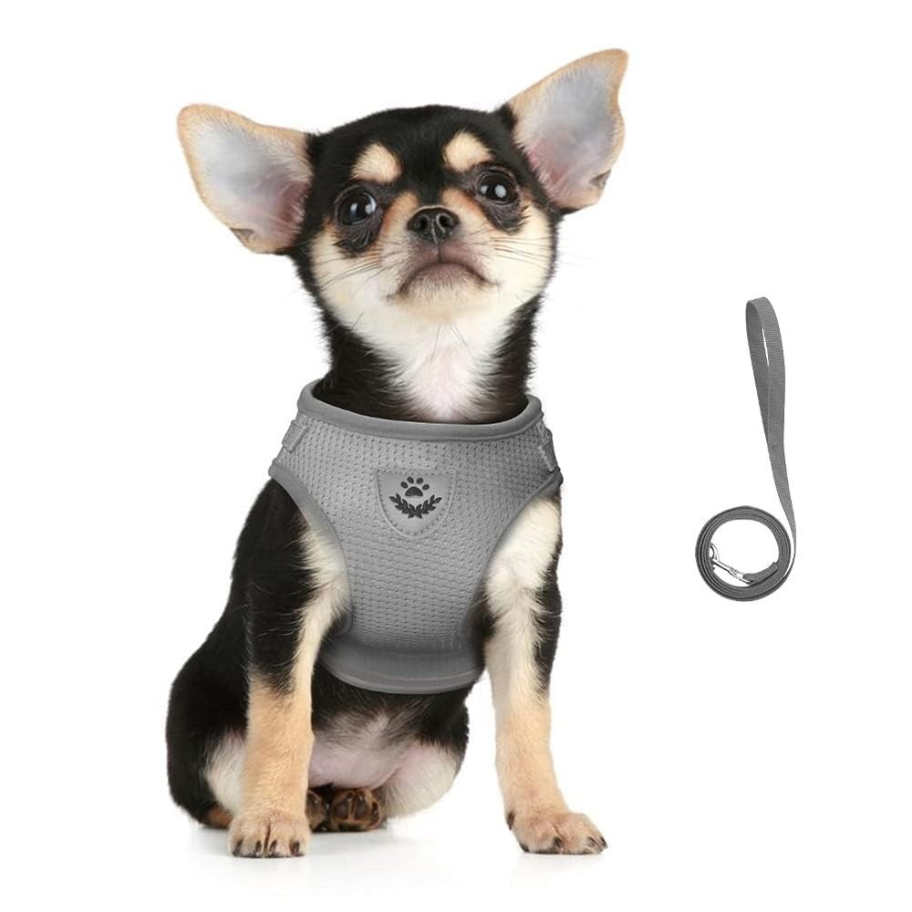Dog Harness Leash Set Walking Soft Mesh Adjustable Reflective Grey X-Small