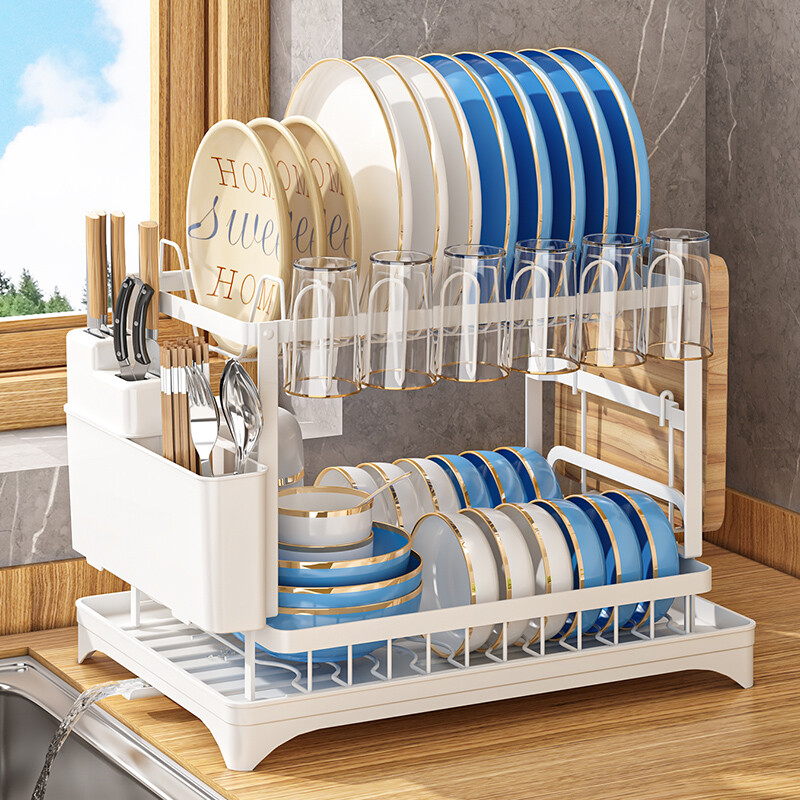 2-Tier Dish Drying Rack for Kitchen Countertop Detachable Double Layer Drain UK