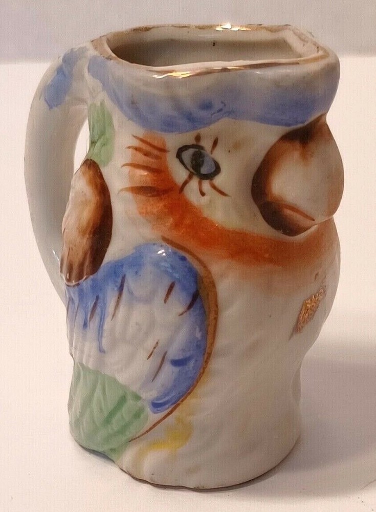 Vintage Parrot Small Ceramic Pitcher with Handle Japan Approx. 2 5/8"