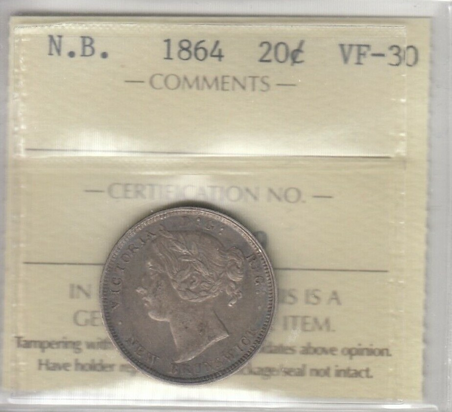 1864 New Brunswick Twenty Cent - ICCS VF-30   SC3