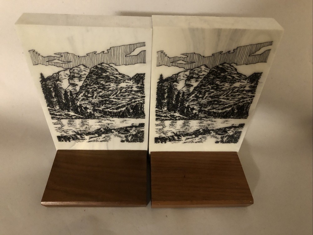 MCM Pair Bookend Etched Mountain River Design STONE ART Study Cabin Signed