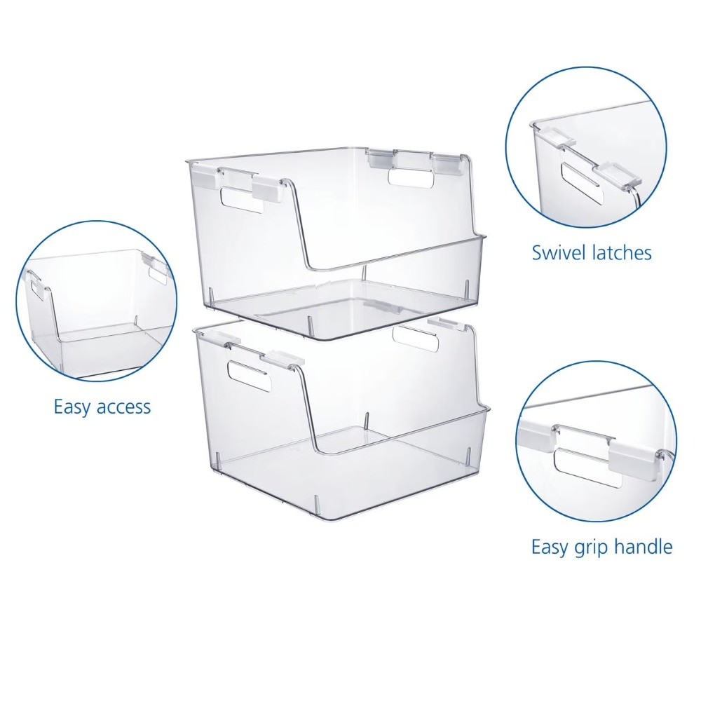 Large Clear Plastic Stackable Bin for Closet with White Latches