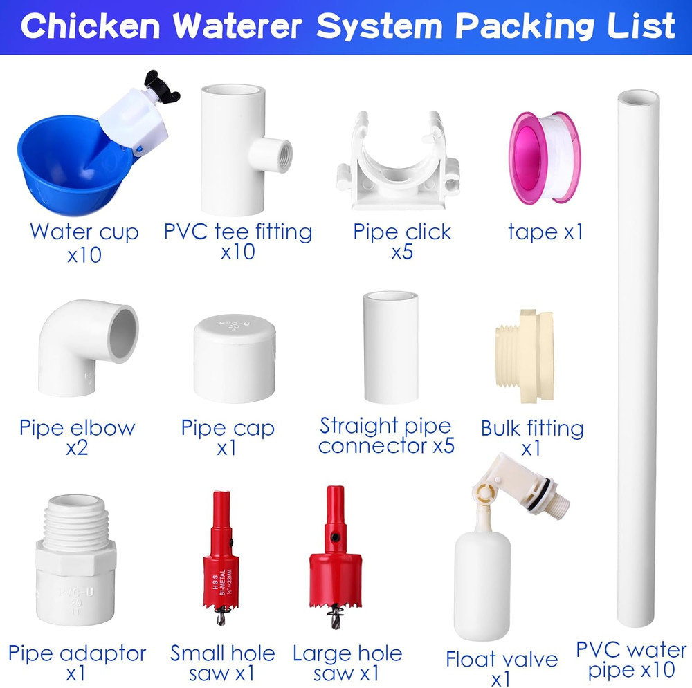 49 Pcs Automatic Chicken Waterer System Includes Chicken Water Cups 1/2" PVC Tee