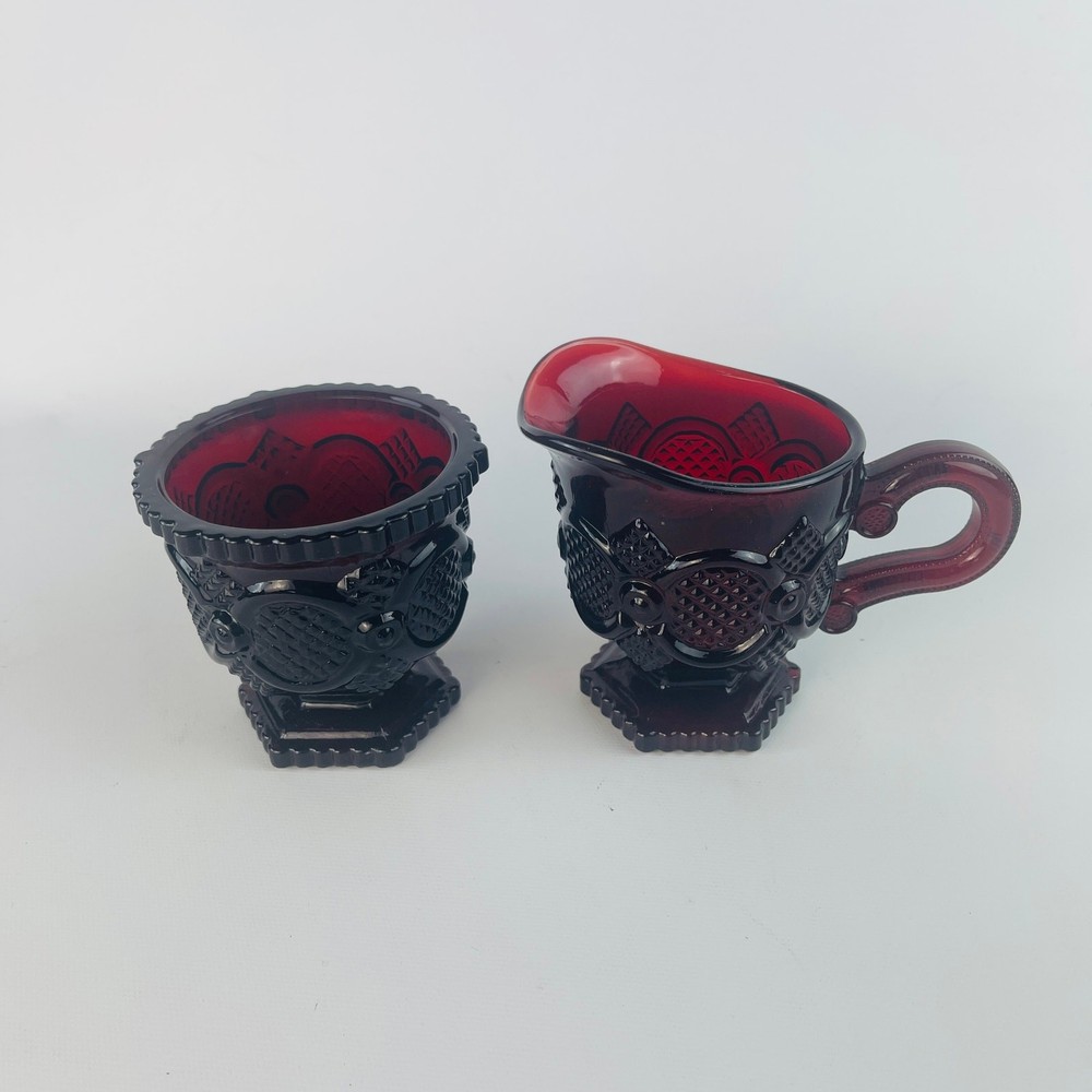 Vintage Avon 1876 Cape Cod Ruby Red Glass Cream and Sugar Set