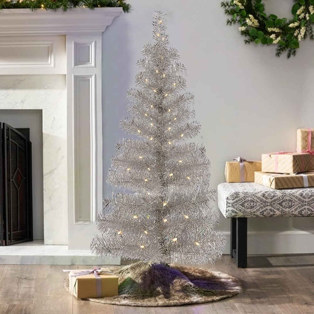 4FT Pre-lit Silver Tinsel Christmas Tree with 70 LED Lights & Timer Functions