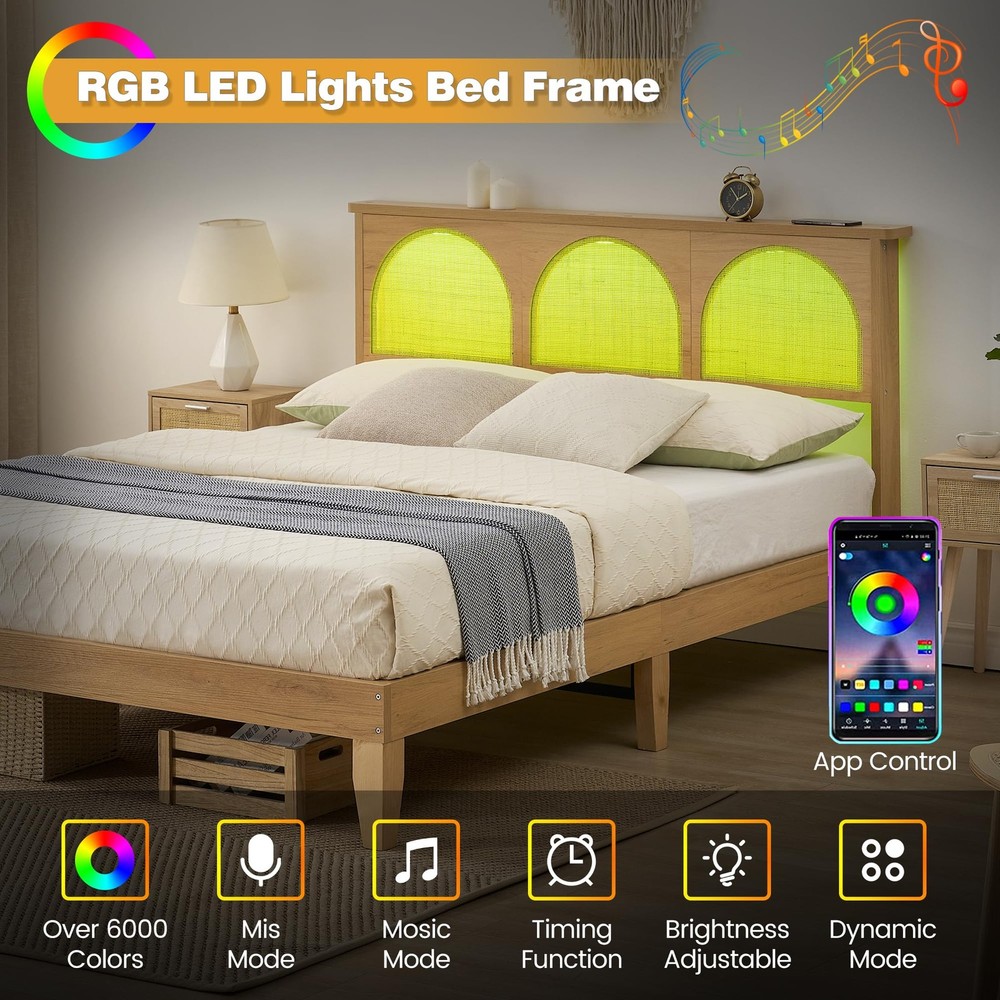 Queen/Full Size Platform Bed Frame W/LED Lights &Wood Headboard,Underbed Storage