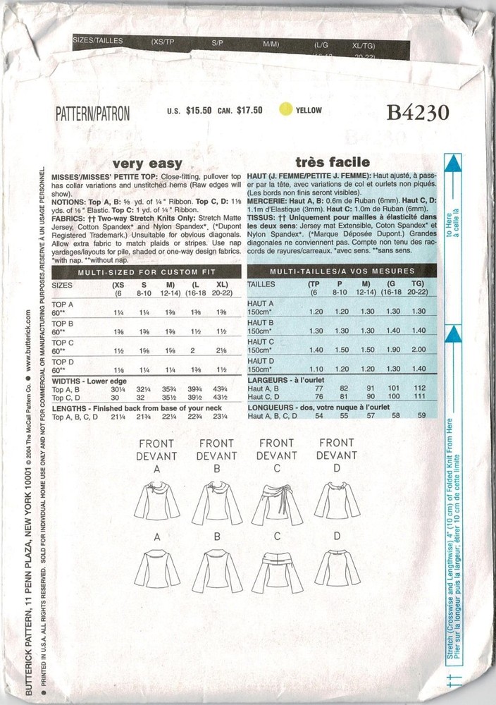 BUTTERICK Fast & Easy Pattern B4230 Pullover Top Size XS-S-M UNCUT