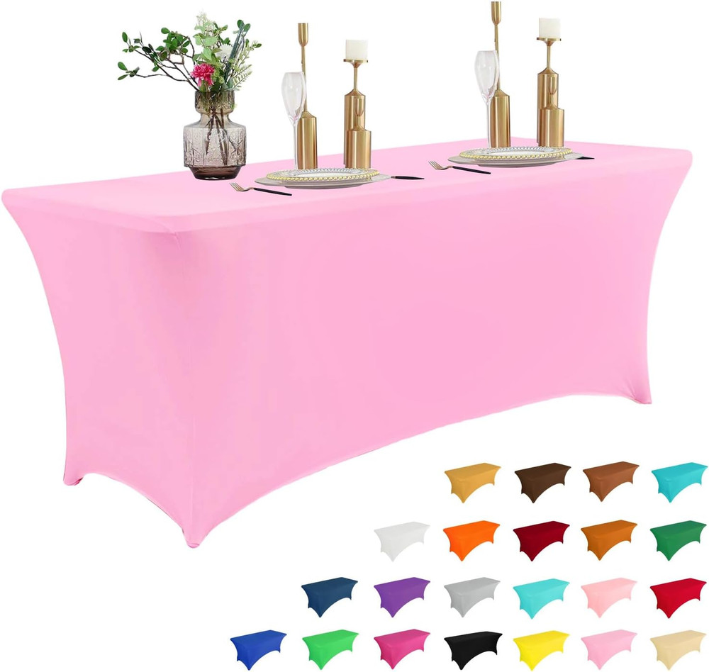 4FT Table Cloth for Rectangular Fitted Events Stretch Pink Table Covers Washable