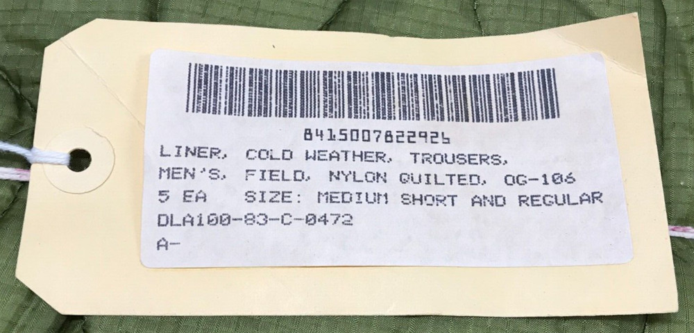 M65 Field Pants Liner Medium Short / Regular USGI NOS from original bundle