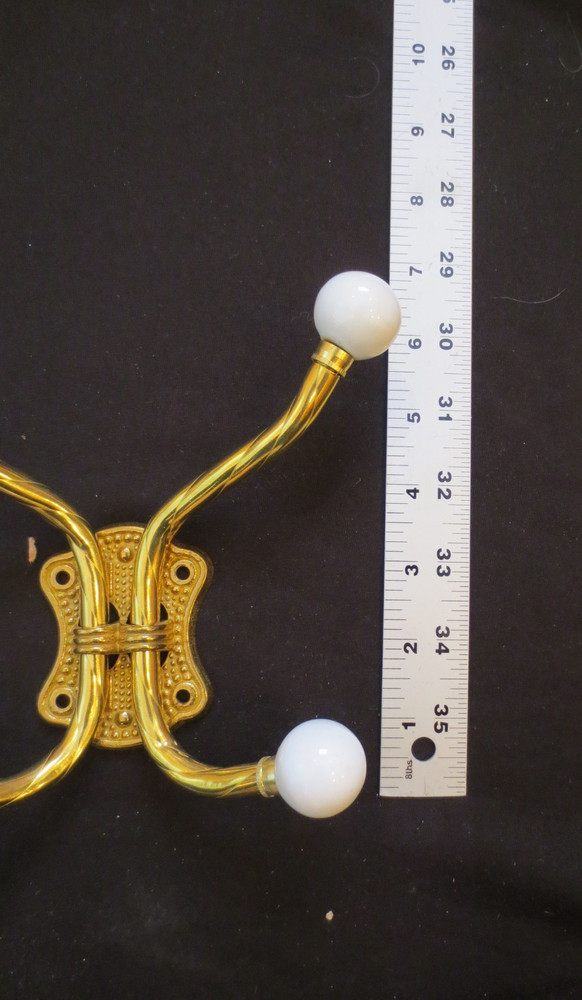 New Vintage Solid Brass 4 Hook Coat Hanger Porcelain Knobs and Screws