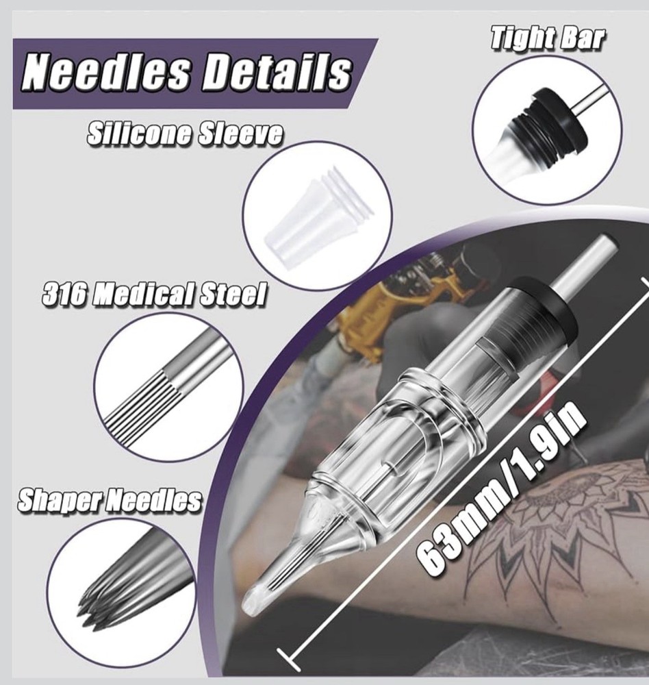 Tattoo Needle Cartridges - 100 Assorted Round Liner & Shader Needles