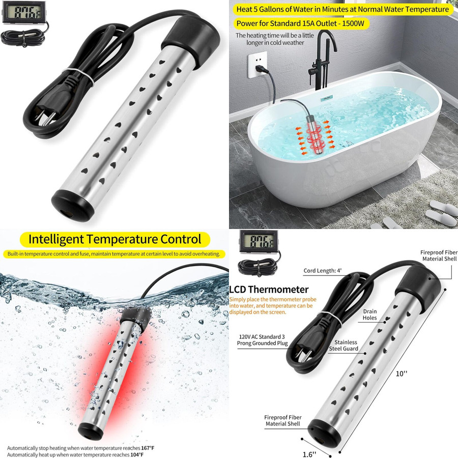 Electric Water Heater Dorm Travel Home Camping Heat Immersion 1500W Submersible