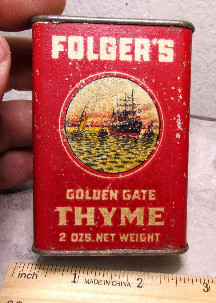 vintage JA Folgers Thyme empty 2 oz spice tin, old logo version style, rare!