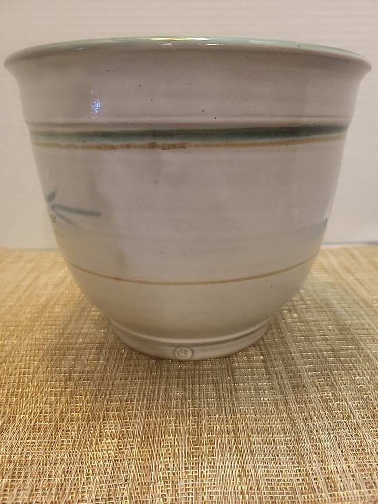Vintage Brushed Designed Glazed Pottery Planter Marked