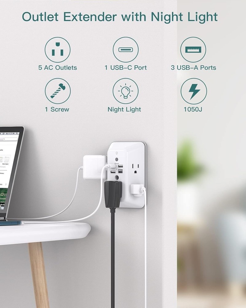 Surge Protector, Outlet Extender with Night Light, 5-Outlet Splitter and 4 USB