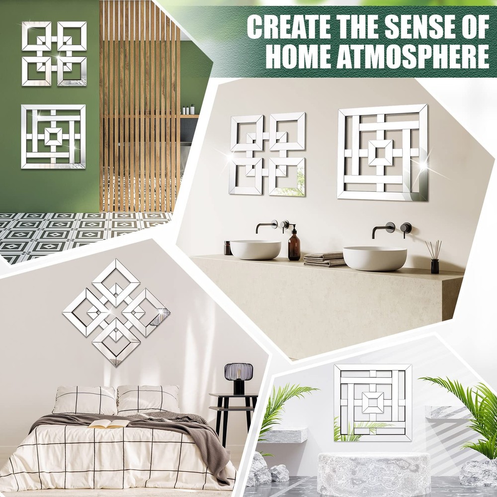 4 Pcs Silver Mirrors Wall Decor 1.2 Inch Thick Wall Mount Decorative Square M...