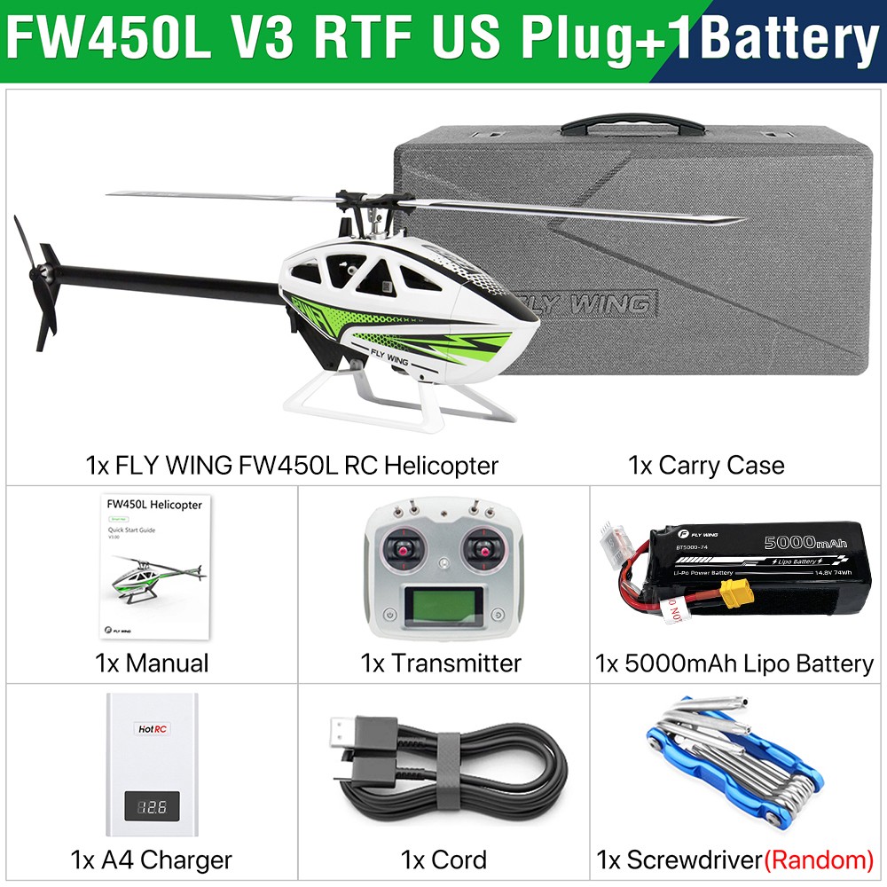 FlyWing FW450L V3 RC Helicopter 10CH GPS ACE Flight Controller 1 Battery White